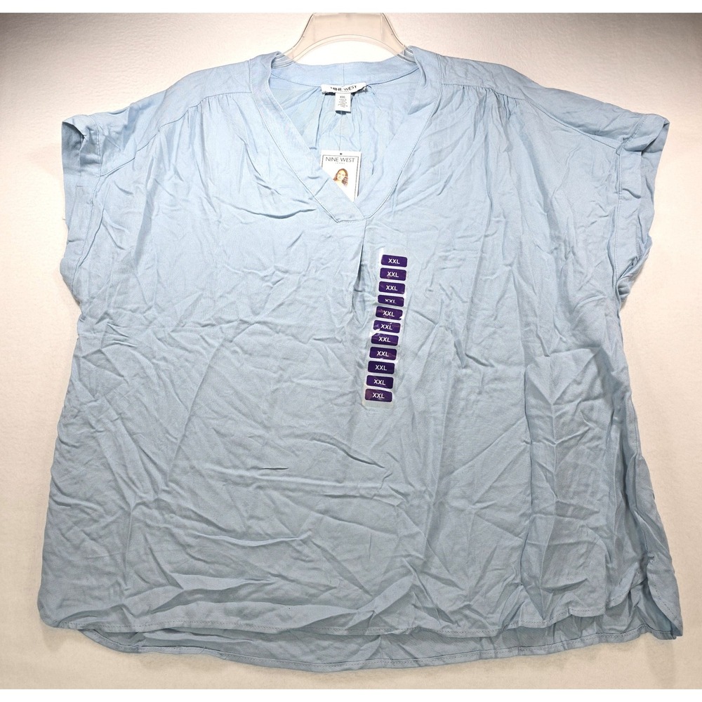 Nine West Jeans Womens XXL Light Blue V-Neck Short‎ Sleeve Blouse Top NWT